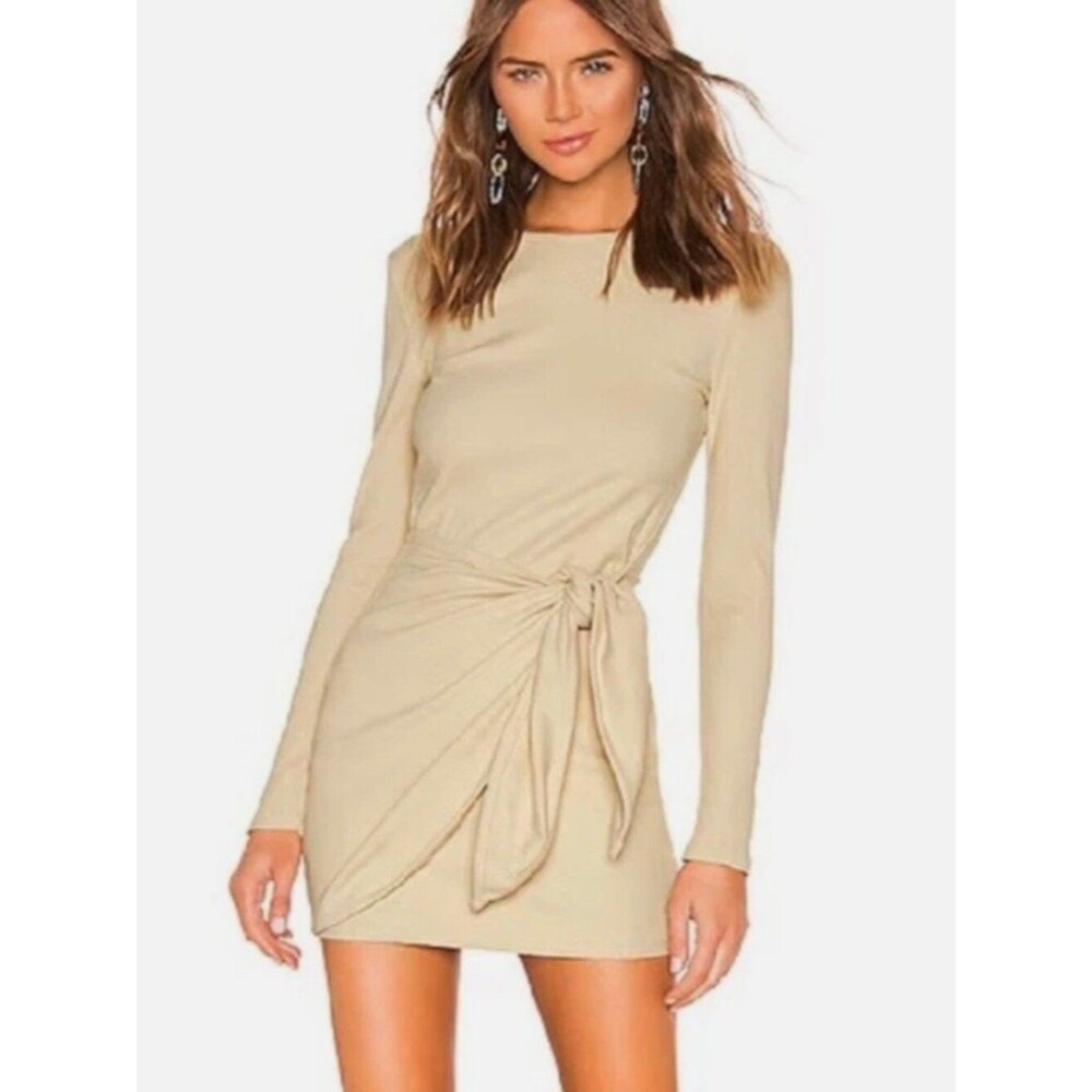 superdown | Beige Ribbed Long Sleeve Tie Front Mini Dress Size Medium